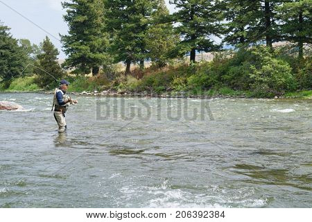 Fly-fisherman fishing in the Gallatin River, Montana