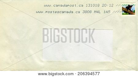 GOMEL, BELARUS - AUGUST 12, 2017: Old envelope which was dispatched from Canada to Gomel, Belarus, August 12, 2017. 