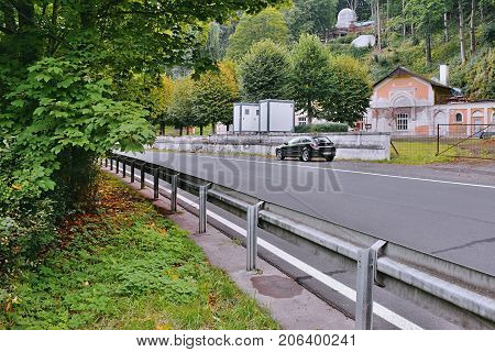 Kyselka, Czech Republic - September 09, 2017: Asphalt Road 222 With Parked Black Car Opel Astra On P