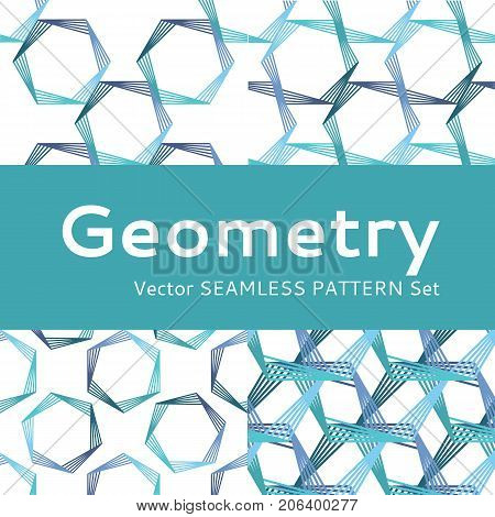 Geometry hexagon line seamless pattern in vector in white green Turquoise blue black. For business and science. Simple minimal elegant pure pattern set.