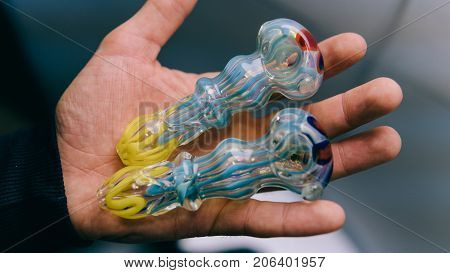 Glass Bongs For Smoking Weed Close-up Soft Focus. Smoking Accessories Marijuana
