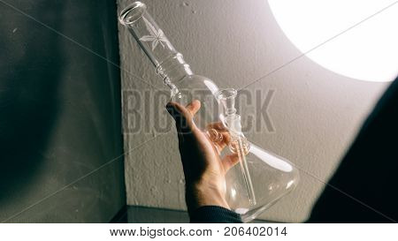 Glass Bongs For Smoking Weed Close-up Soft Focus. Smoking Accessories Marijuana