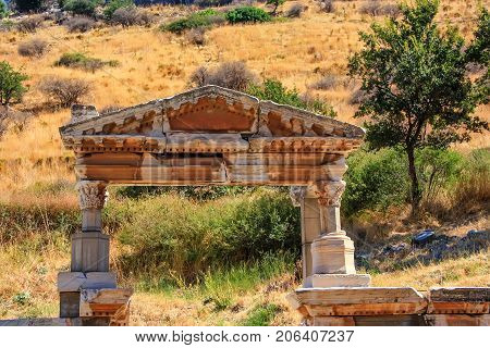 Close-up reliefs on temple of Hadrian in Ephesus, Turkey