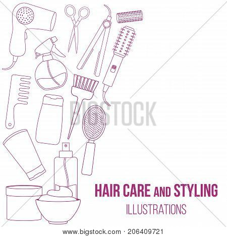 Set of line equipments for styling and hair care. Products and tools for home remedies of hair care. Vector
