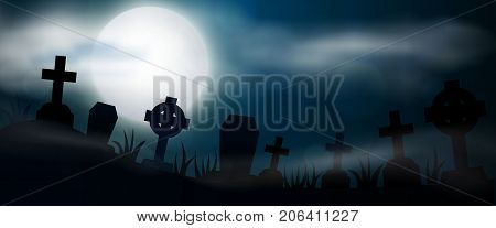 Night cemetery crosses tombstones and graves horizontal banner. Colorful scary Halloween illustration. Vector