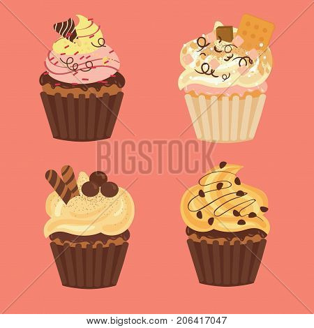 set of 4 muffins and cupcakes with cream and various ingredients isolated on pink background