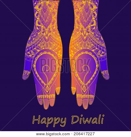 Hands with mihandy art holding Indian oil lamp - diya, Happy Diwali festival. Happy Diwali text