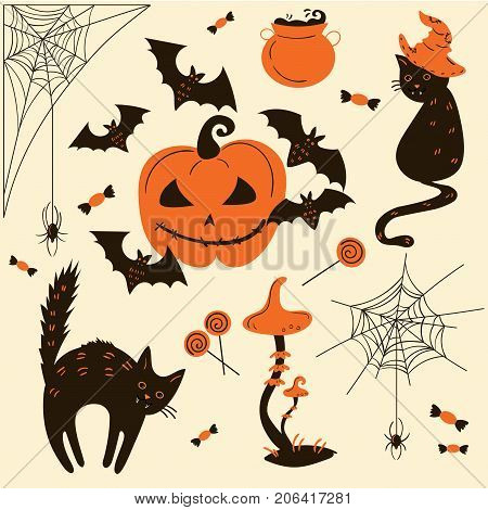 Collection of Halloween decor and objects. From Cats and funny pumpkins to spiders and candy. Vector illustration.