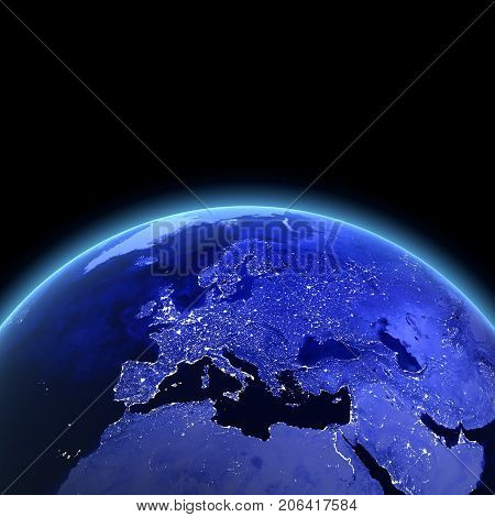 Europe 3d rendering. Maps from NASA imagery