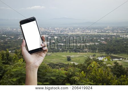 Hand hold smartphone white screen, mock up, business