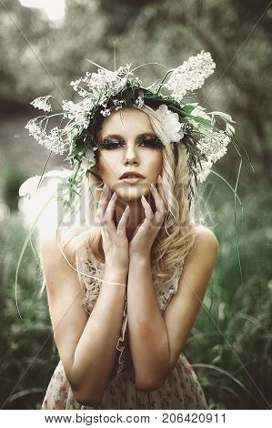 Fashionable Toning, Creative Colors.  Beautiful Girl In A Dress Stay Near Swamp. Beautiful Girl In T