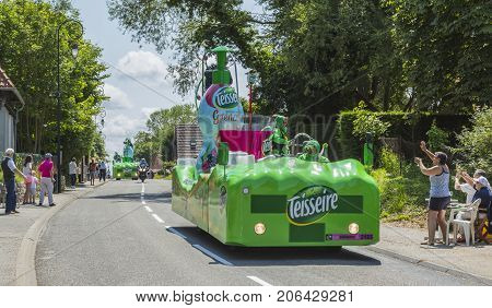 Sainte Marguerite sur Mer France - July 09 2015: Teisseire Caravan during the passing of Publicity Caravan before the stage 6 of Le Tour de France 2015 on 09 July 2015. Teisseire produces fruit juices and syrups for the food service industry.