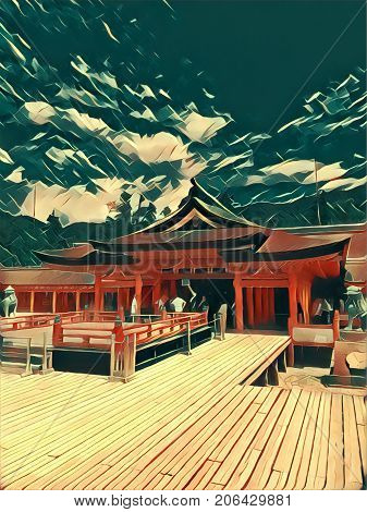 Digital painting of Itsukushima Shrine on Miyajima Island Hiroshima Japan. A dramatic painting with strong colors.