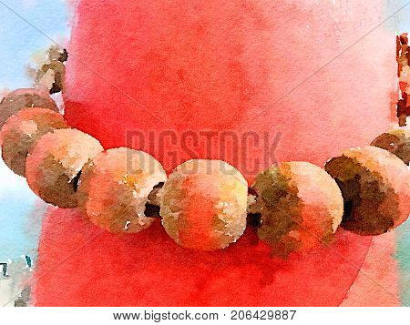 Digital watercolor painting of a single row of Parrel Beads hanging around a mast with sea and sky in the background. Parrel Beads are used to help the sail go up and down the mast. Space for text.