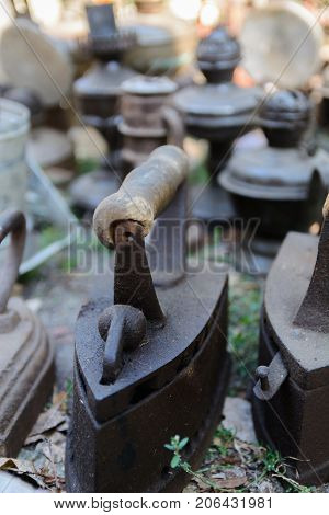Dnipro, UKRAINE - September 2017: Flea market in Dnipro. Old vintage stuff for sale. Different used products: gas lamps, home utensils for sale on secondhand market in Dnipro, Ukraine.