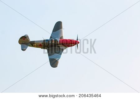PRAGUE, CZECH REPUBLIC - 9.09.2017: Propeller military plane yak parking at the airport in sunny day, Prague, Czech Republic