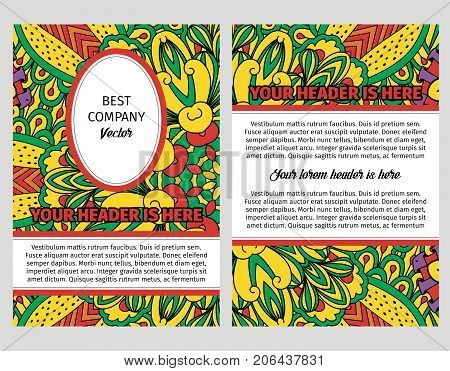 Brouchure design template for company with colorful ornamental decorative background in yellow and green colors. Vector illustration