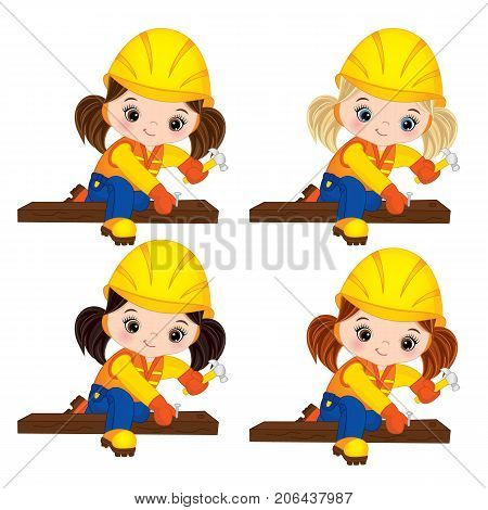 Vector cute little girls hammering nails. Vector construction. Vector little girls with various hair colors. Little builders vector illustration