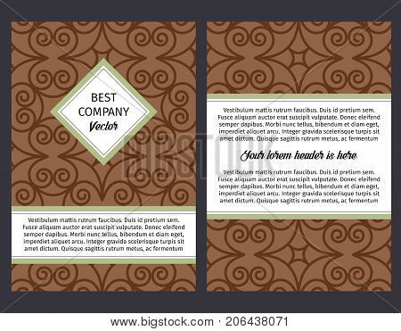 Brouchure design template for company with vintage brown swirl oriental decorative pattern, vector illustration