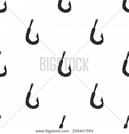Worm on a hook icon in black design isolated on white background. Fishing symbol stock vector illustration.