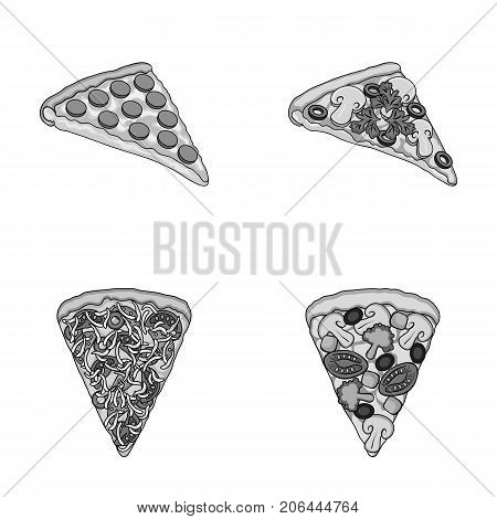 A slice of pizza with different ingredients. Different pizza set collection icons in monochrome style vector symbol stock illustration .