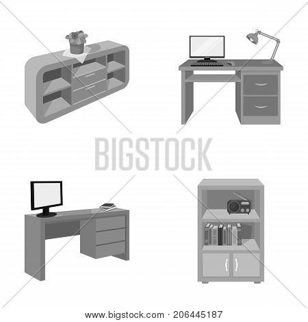 A shelf with a flower, a desk with a computer and a lamp, a table with a monitor and a book, a cabinet with documents and a radio.Furniture and interior set collection icons in monochrome style isometric vector symbol stock illustration .
