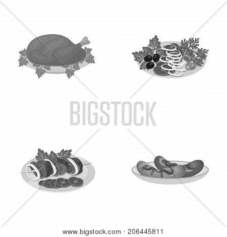 Fried chicken, vegetable salad, shish kebab with vegetables, fried sausages on a plate. Food and Cooking set collection icons in monochrome style vector symbol stock illustration .