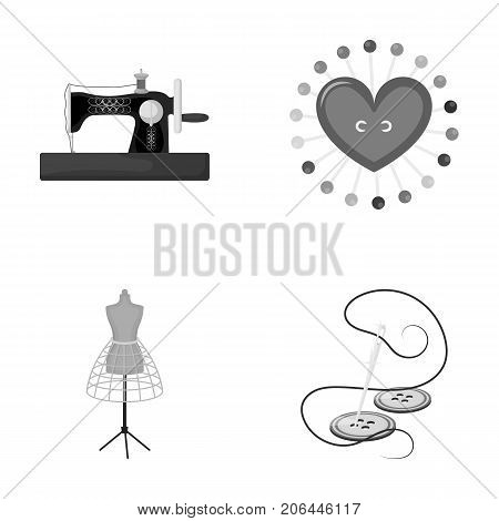 Needle and thread, sewing machine, pincushion, dummy for clothing. Sewing and equipment set collection icons in monochrome style vector symbol stock illustration .