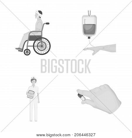Invalid with trauma, blood transfusion, doctor, medication in the hands of a doctor. Medicineset collection icons in monochrome style vector symbol stock illustration .