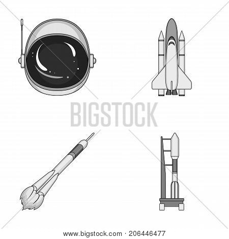 A spaceship in space, a cargo shuttle, A launch pad, an astronaut's helmet. Space technology set collection icons in monochrome style vector symbol stock illustration .