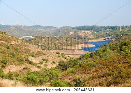 View On Portugal - Spanish Natural Landscape With Chanza Reservoir Between Hills