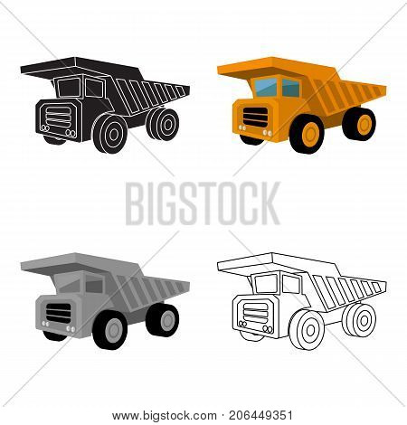 Yellow dump truck with black wheels.The vehicle used for transportation of minerals at the mine.Mine Industry single icon in cartoon style vector symbol stock web illustration.