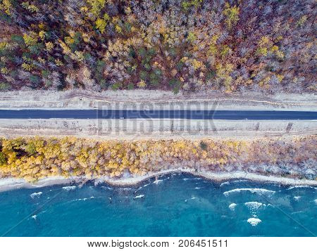 aerial view road shore water lake forest