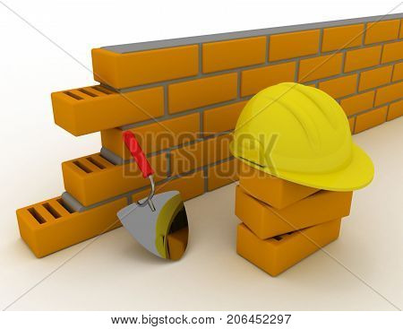 Trowel And Bricks Wall . 3D Rendered Illustration