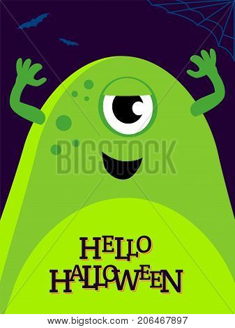 Vector helloween illustration with funny green monster. Cute alien on banner
