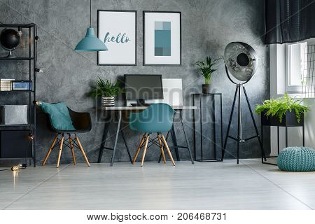 Home Office With Blue Lamp