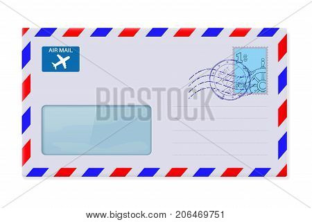 International mail envelope with address window and stamp. Vector 3d illustration isolated on white background