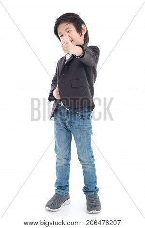 Cute Asian Child In Business Suit Index Finger Pointing On White Background Iolated