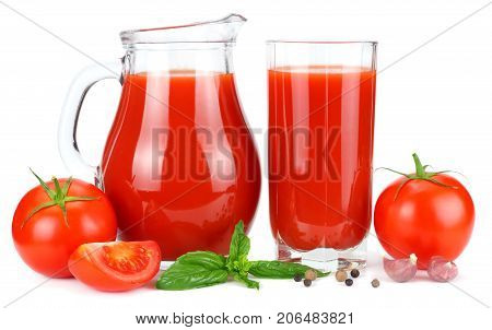 Tomato Juice In Glass Jug With Tomato, Garlic, Spices, And Basil Isolated On White Background