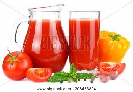 Tomato Juice In Glass Jug With Tomato, Garlic, Spices, And Basil Isolated On White Background