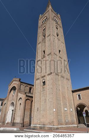 Forli (Emilia Romagna Italy): the Aurelio Saffi square with church of San Mercuriale and other historic buildings