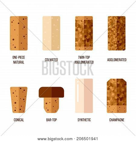 Vector cork stoppers different types and production technologies. Flat style.