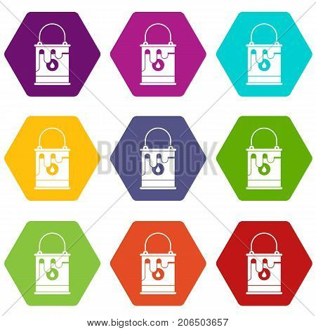 Bucket with paint icon set many color hexahedron isolated on white vector illustration