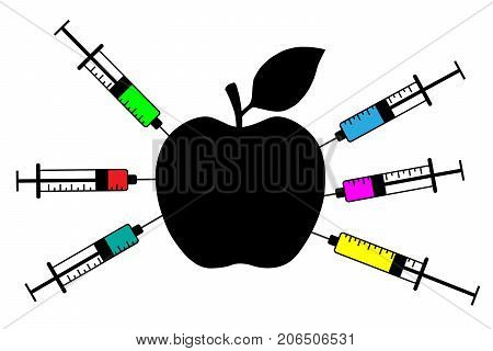Apple with a syringe. Genetically modified fruit and syringe with colorful chemical. GMO food. Vector silhouette