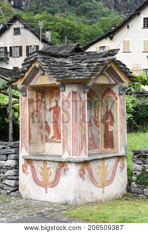 Cevio Switzerland - 20 July 2017: Religious paintings at Cevio on Maggia valley in the Swiss alps
