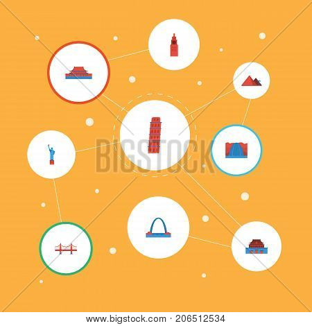 Flat Icons America, Waterfall, Moscow And Other Vector Elements