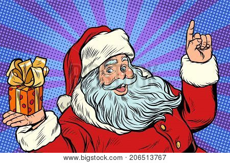 Santa Claus with Christmas gift box. New year and Christmas. Pop art retro vector illustration