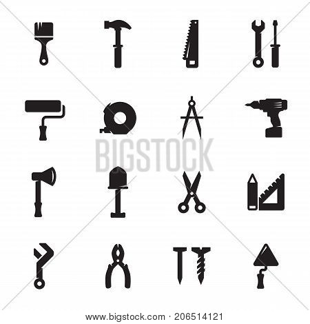 Construction and repair tools, working tools icons. Black on a white background