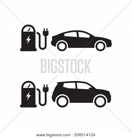 Electric car charging at the charger station. Black on a white background