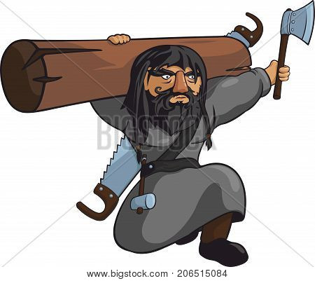 Vector strong carpenter with axe, saw and log.